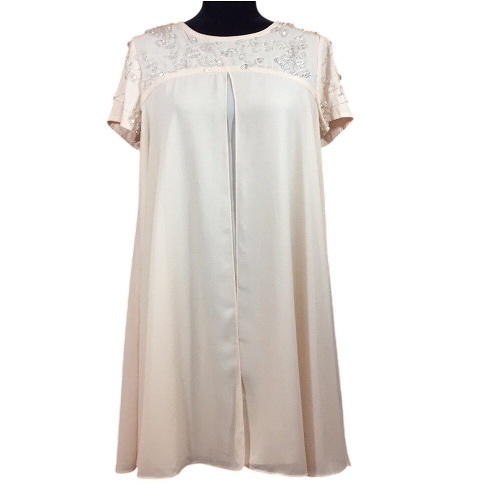 Sequin-Embellished Baby Doll Short‎ Sleeve Beaded Shoulder Dress SIZE M